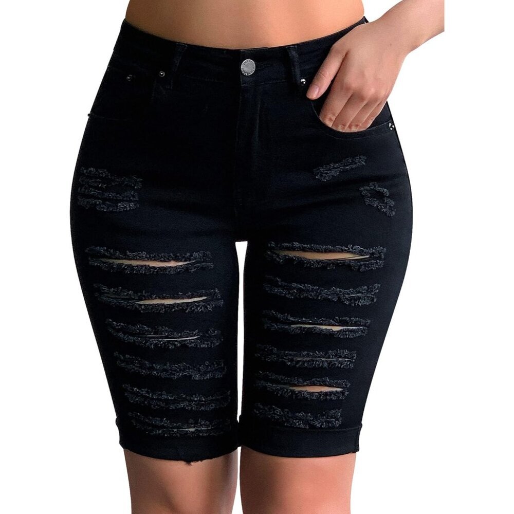 Women's Distressed Knee Length Ripped Stretchy Denim Shorts Black Large